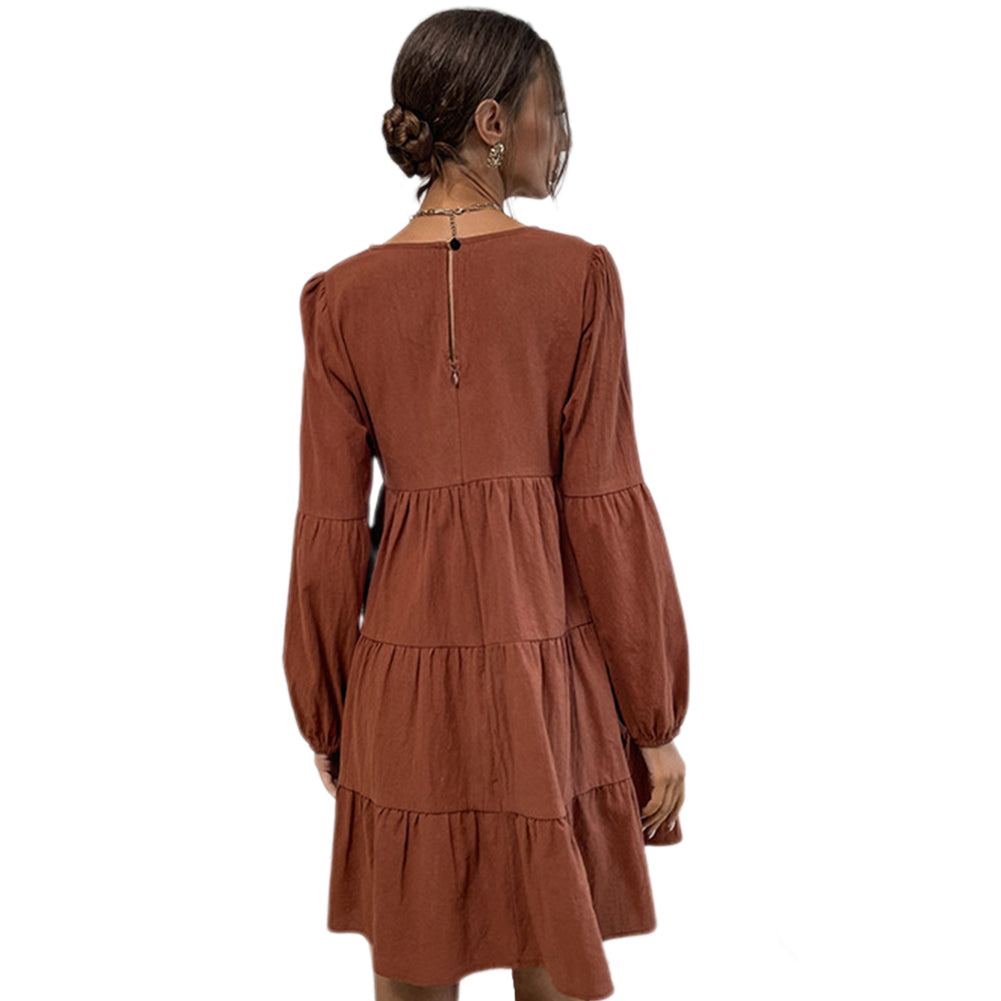 YESFASHION Women New Fashion Short Solid Color Long-sleeved Dress