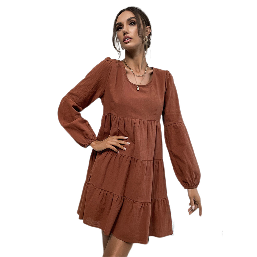 YESFASHION Women New Fashion Short Solid Color Long-sleeved Dress