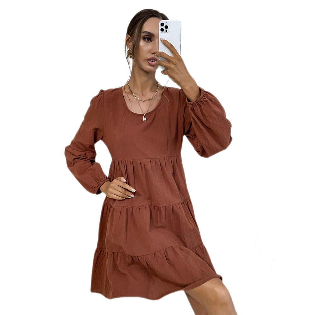 YESFASHION Women New Fashion Short Solid Color Long-sleeved Dress