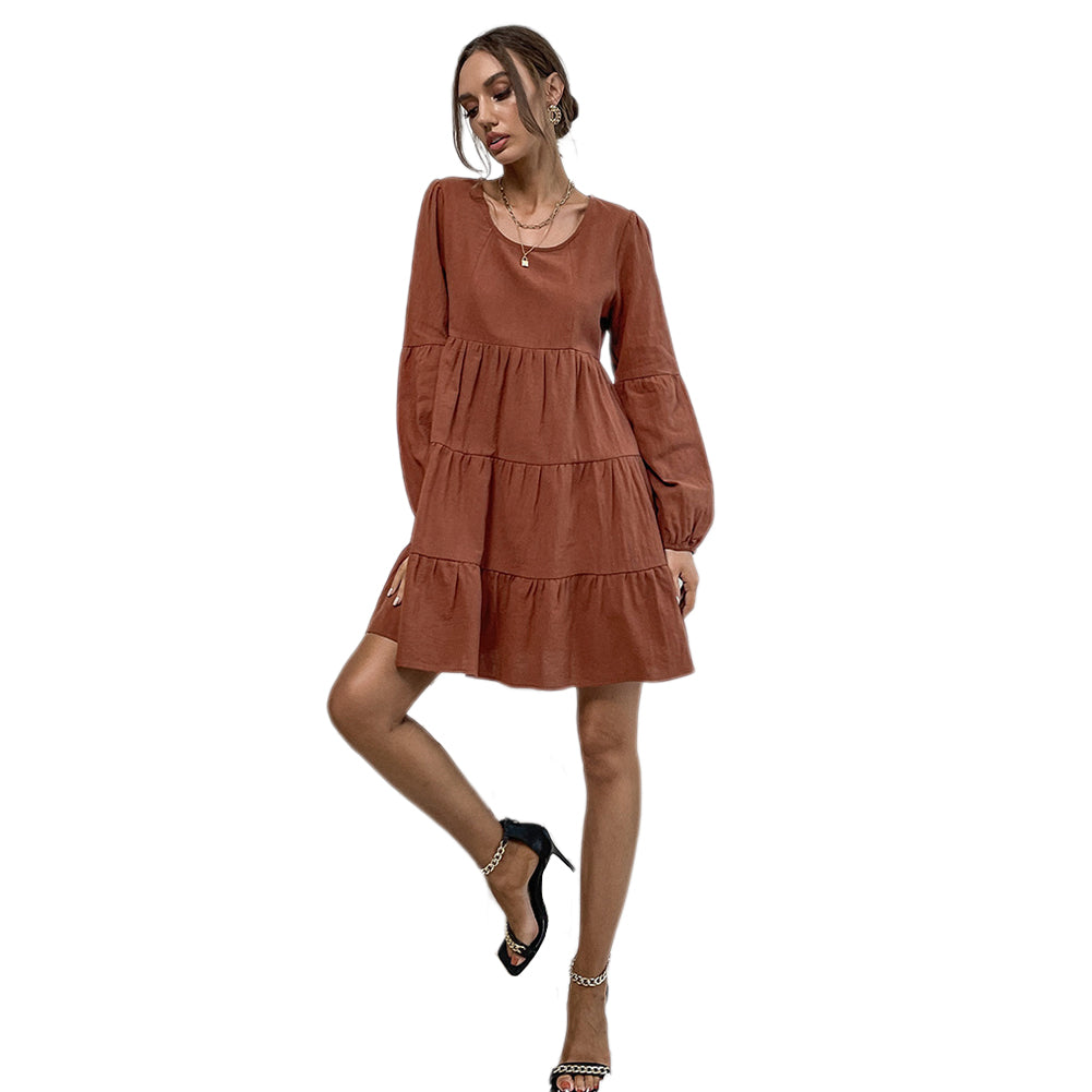YESFASHION Women New Fashion Short Solid Color Long-sleeved Dress