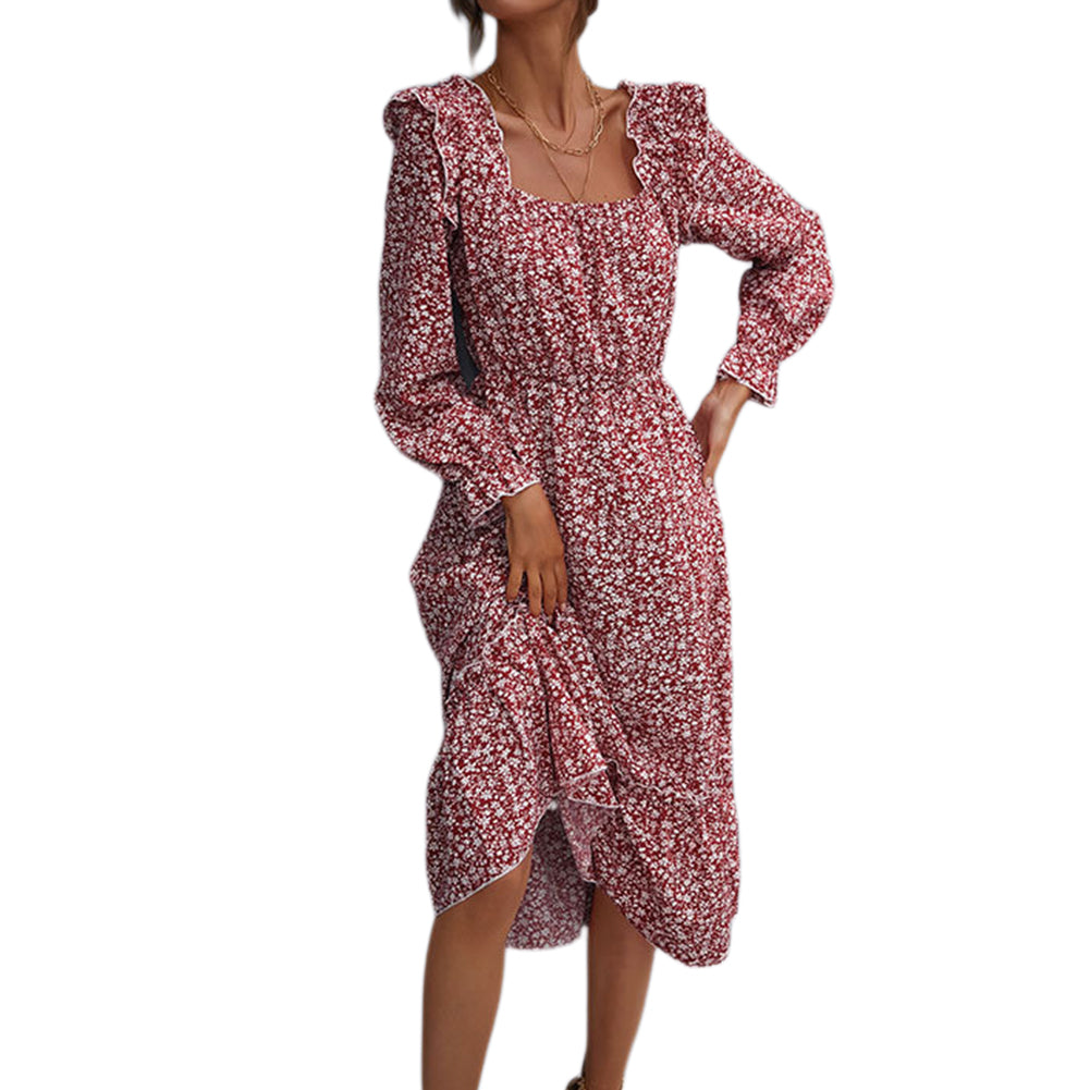 YESFASHION Women Long-sleeved Floral Square Neck Dress