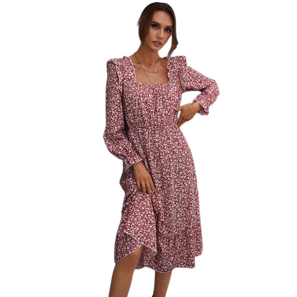 YESFASHION Women Long-sleeved Floral Square Neck Dress