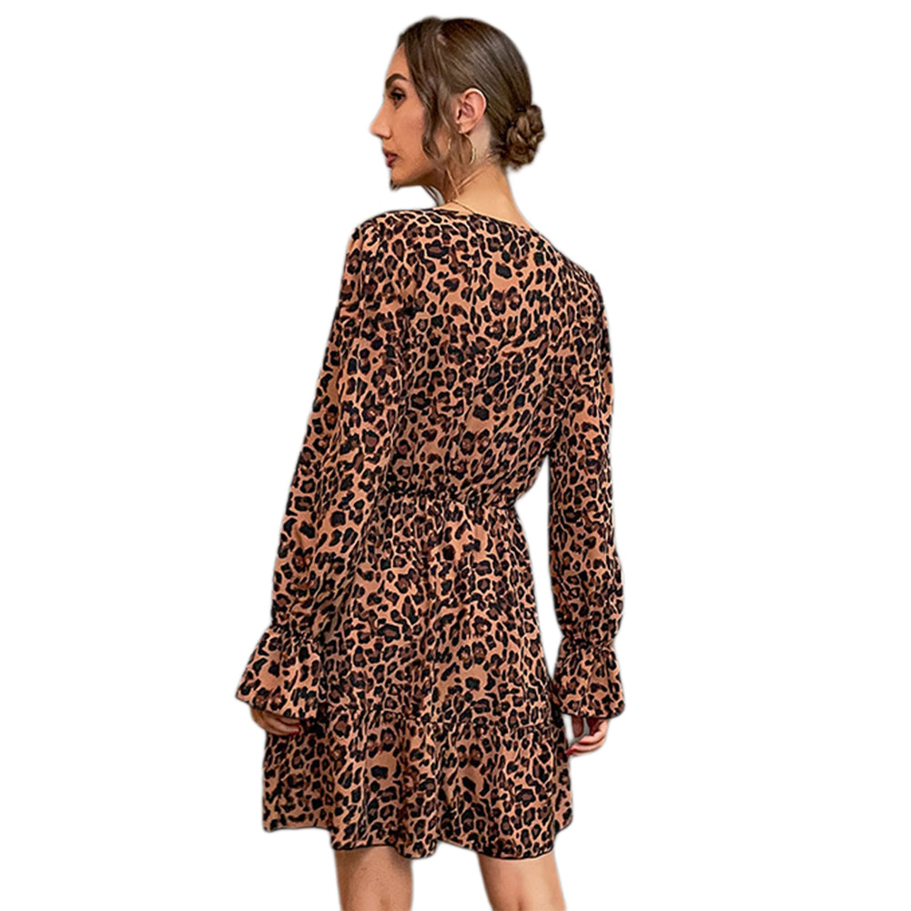 YESFASHION Women Long-sleeved V-neck Leopard Print Dress