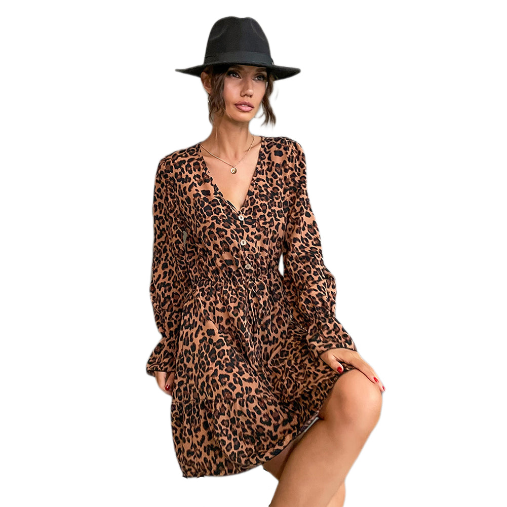 YESFASHION Women Long-sleeved V-neck Leopard Print Dress