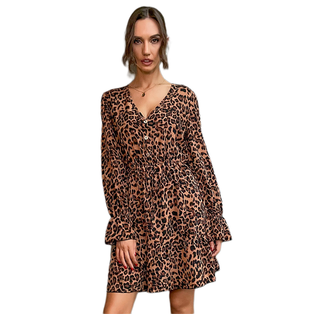 YESFASHION Women Long-sleeved V-neck Leopard Print Dress