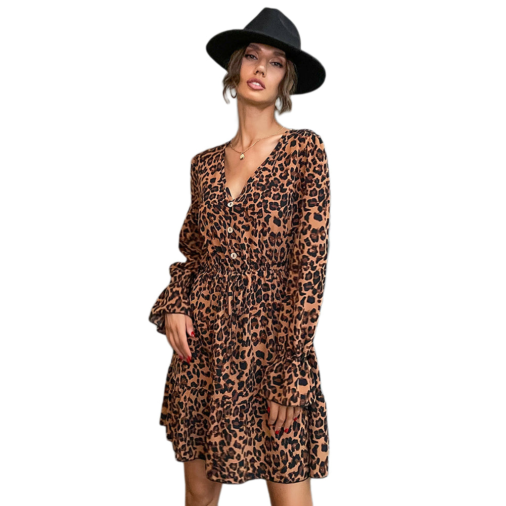 YESFASHION Women Long-sleeved V-neck Leopard Print Dress