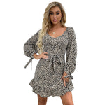 YESFASHION Women Spring New Leopard V-neck Long-sleeved Dress