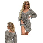 YESFASHION Women Spring New Leopard V-neck Long-sleeved Dress