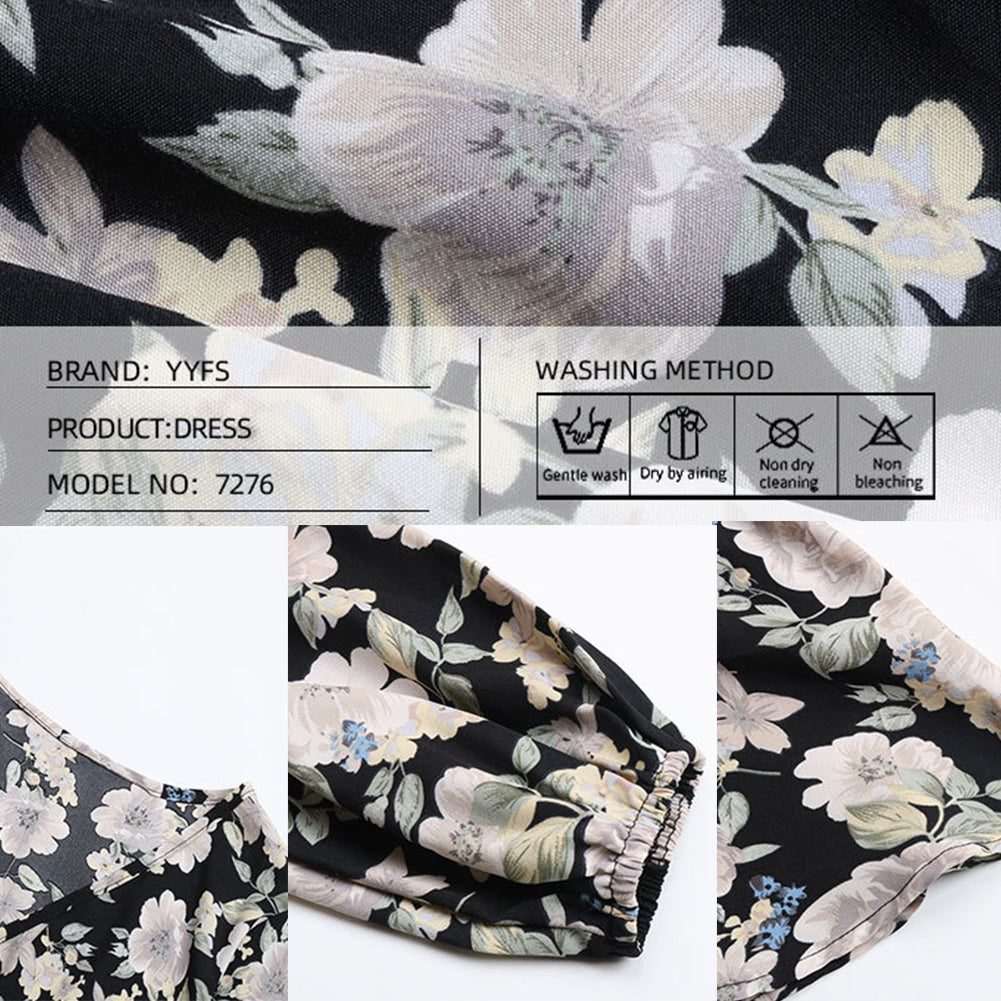 YESFASHION Women Fashion Short Printed V-neck Long Sleeve Dress