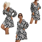 YESFASHION Women Fashion Short Printed V-neck Long Sleeve Dress