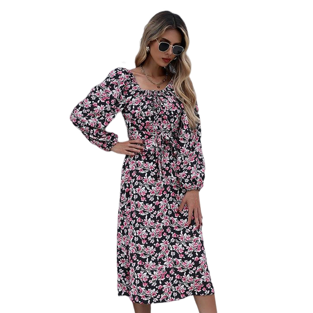 YESFASHION Women Fashion Print Backless Square Neck Dress