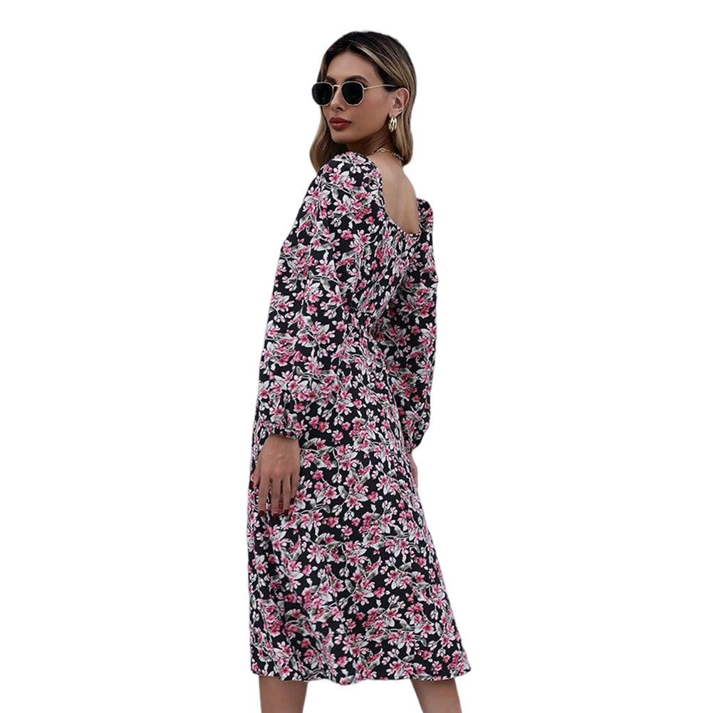 YESFASHION Women Fashion Print Backless Square Neck Dress
