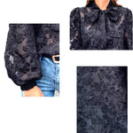 YESFASHION Hollow Jacquard Tops Flocking Long-sleeved Bow Shirt