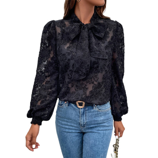 YESFASHION Hollow Jacquard Tops Flocking Long-sleeved Bow Shirt