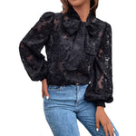 YESFASHION Hollow Jacquard Tops Flocking Long-sleeved Bow Shirt
