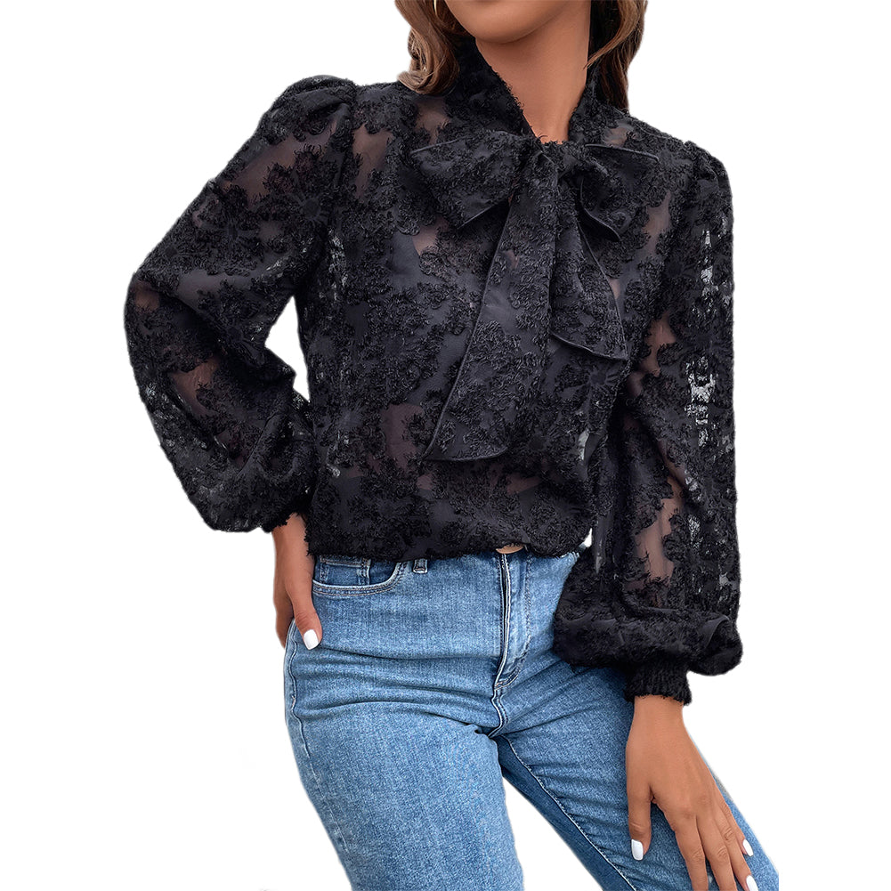YESFASHION Hollow Jacquard Tops Flocking Long-sleeved Bow Shirt