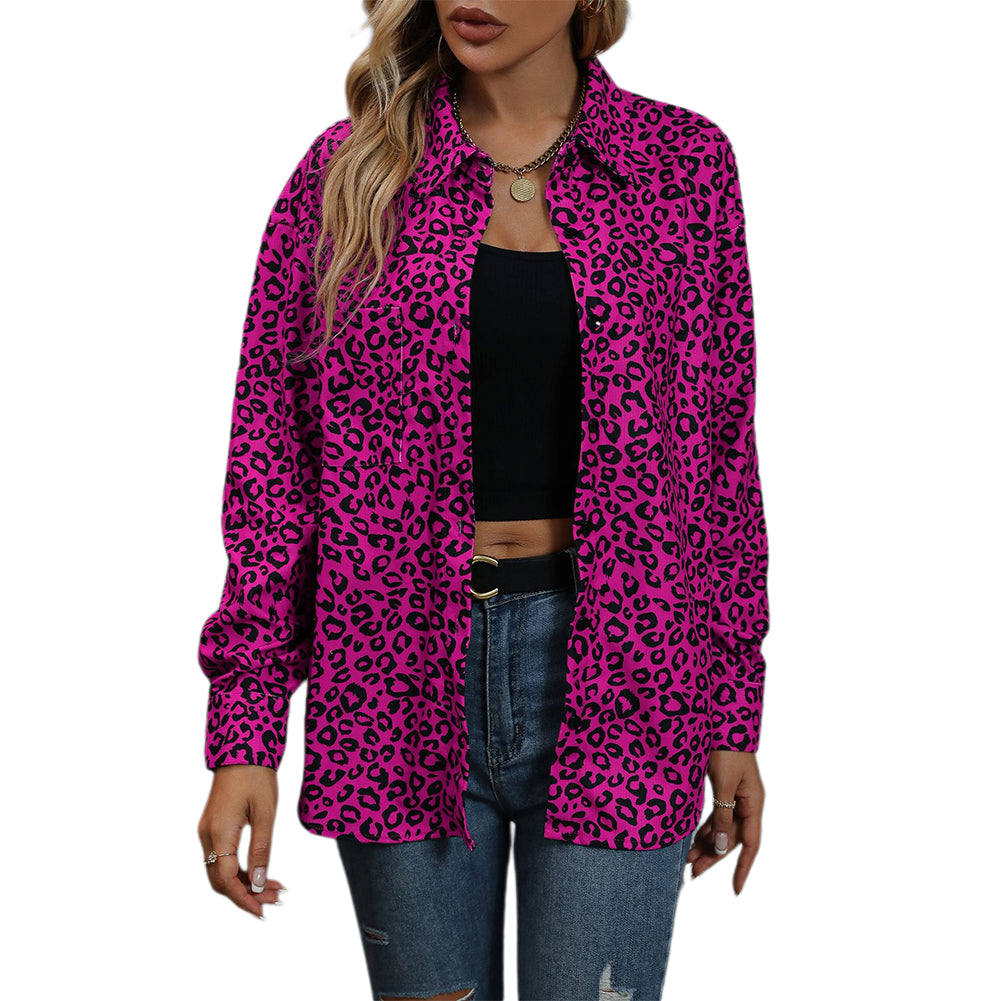 YESFASHION Women Shirt Jacket Leopard Lapel Corduroy Casual Jacket