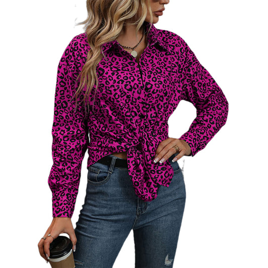 YESFASHION Women Shirt Jacket Leopard Lapel Corduroy Casual Jacket