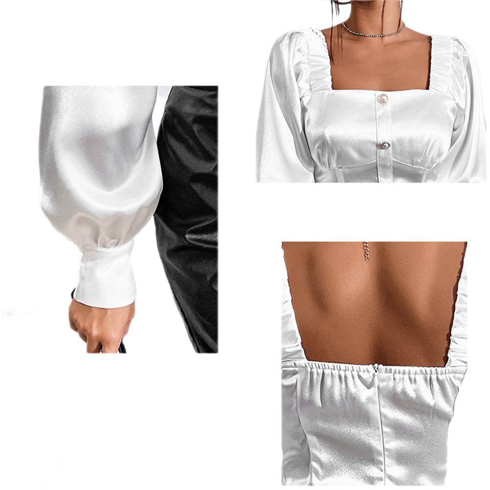 YESFASHION Women Tops Satin French Square Collar Shirt