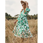 YESFASHION New Women Clothing Green Print Tie Dress