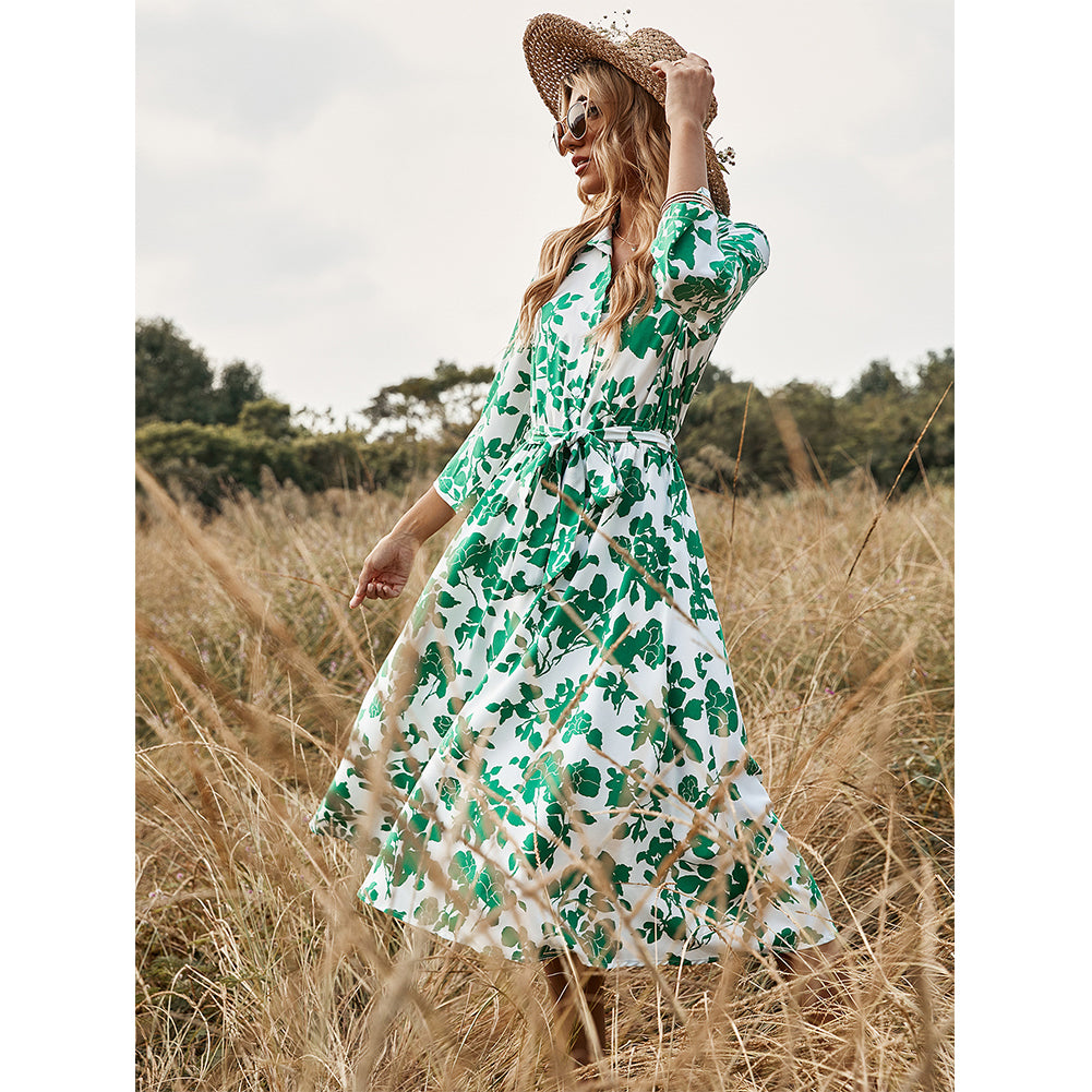 YESFASHION New Women Clothing Green Print Tie Dress