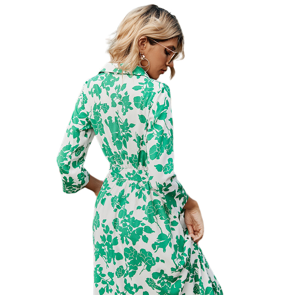 YESFASHION New Women Clothing Green Print Tie Dress