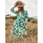 YESFASHION New Women Clothing Green Print Tie Dress