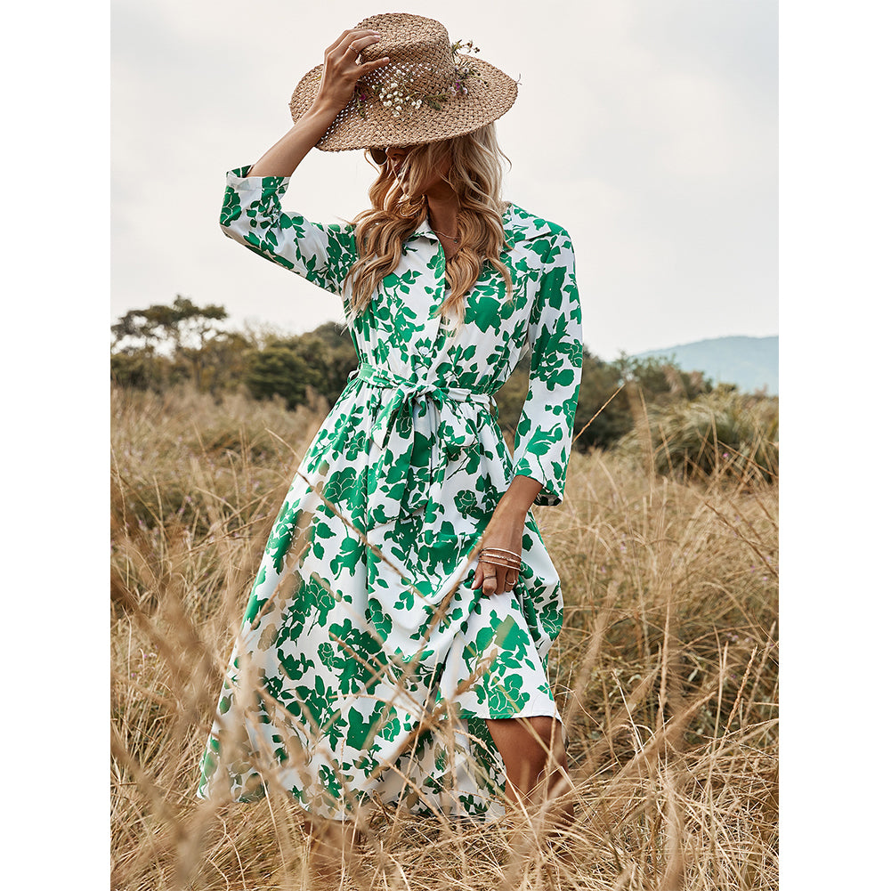 YESFASHION New Women Clothing Green Print Tie Dress