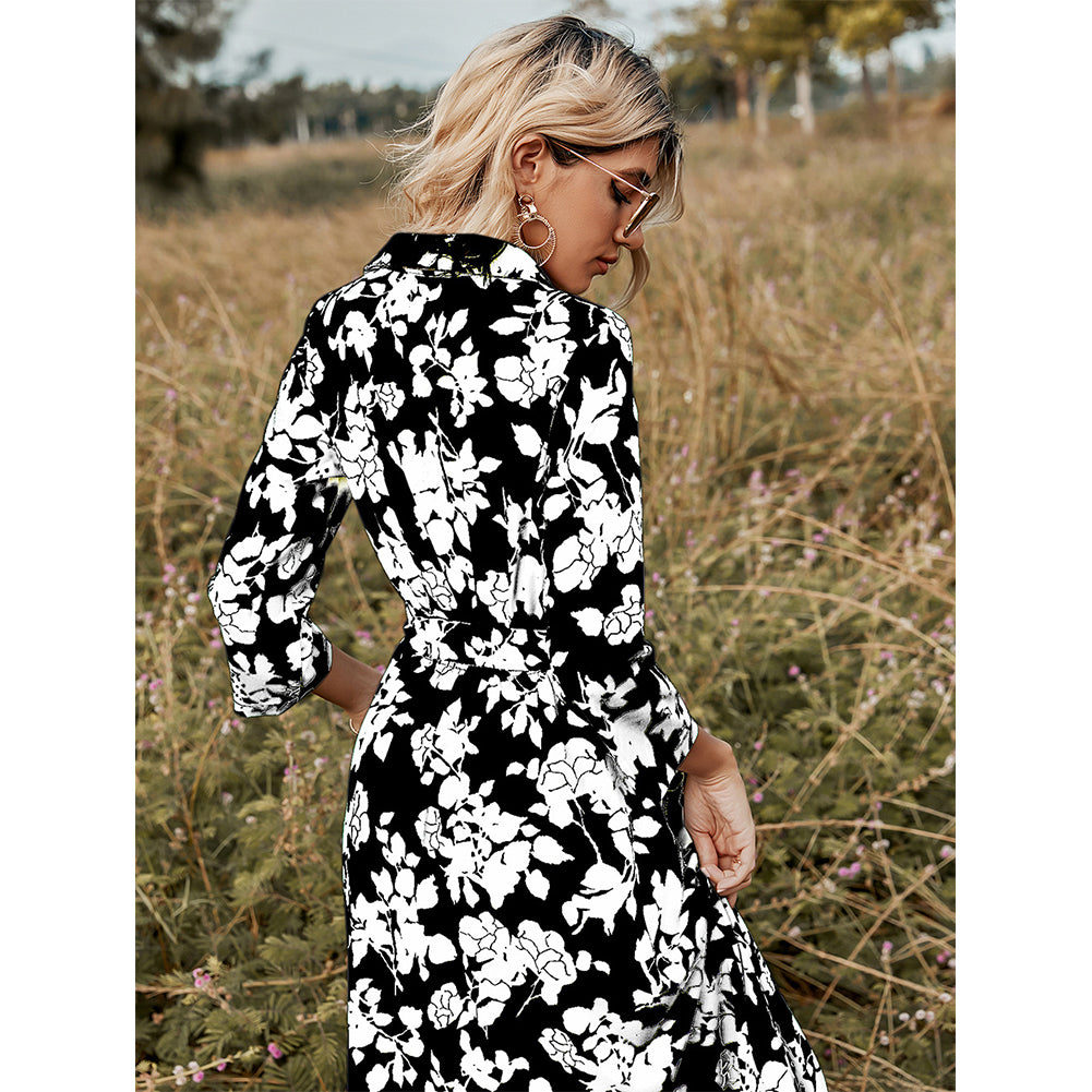 YESFASHION New Women Clothing Green Print Tie Dress