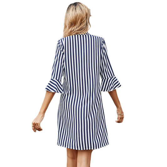 YESFASHION New Single-breasted Striped Mid-length Blue Dress