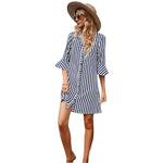 YESFASHION New Single-breasted Striped Mid-length Blue Dress