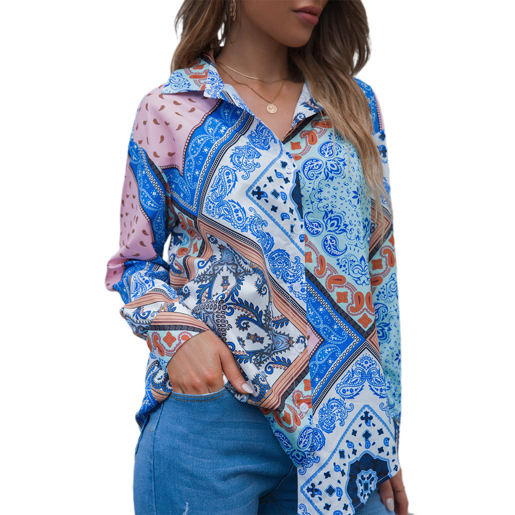 YESFASHION Printed Ladies Shirt Bohemian Style Long Sleeve Shirt