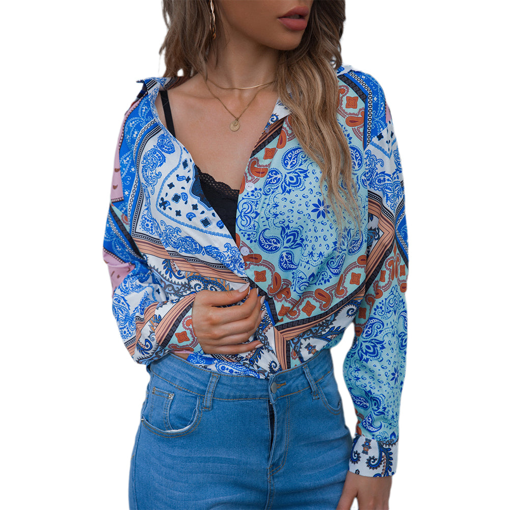 YESFASHION Printed Ladies Shirt Bohemian Style Long Sleeve Shirt
