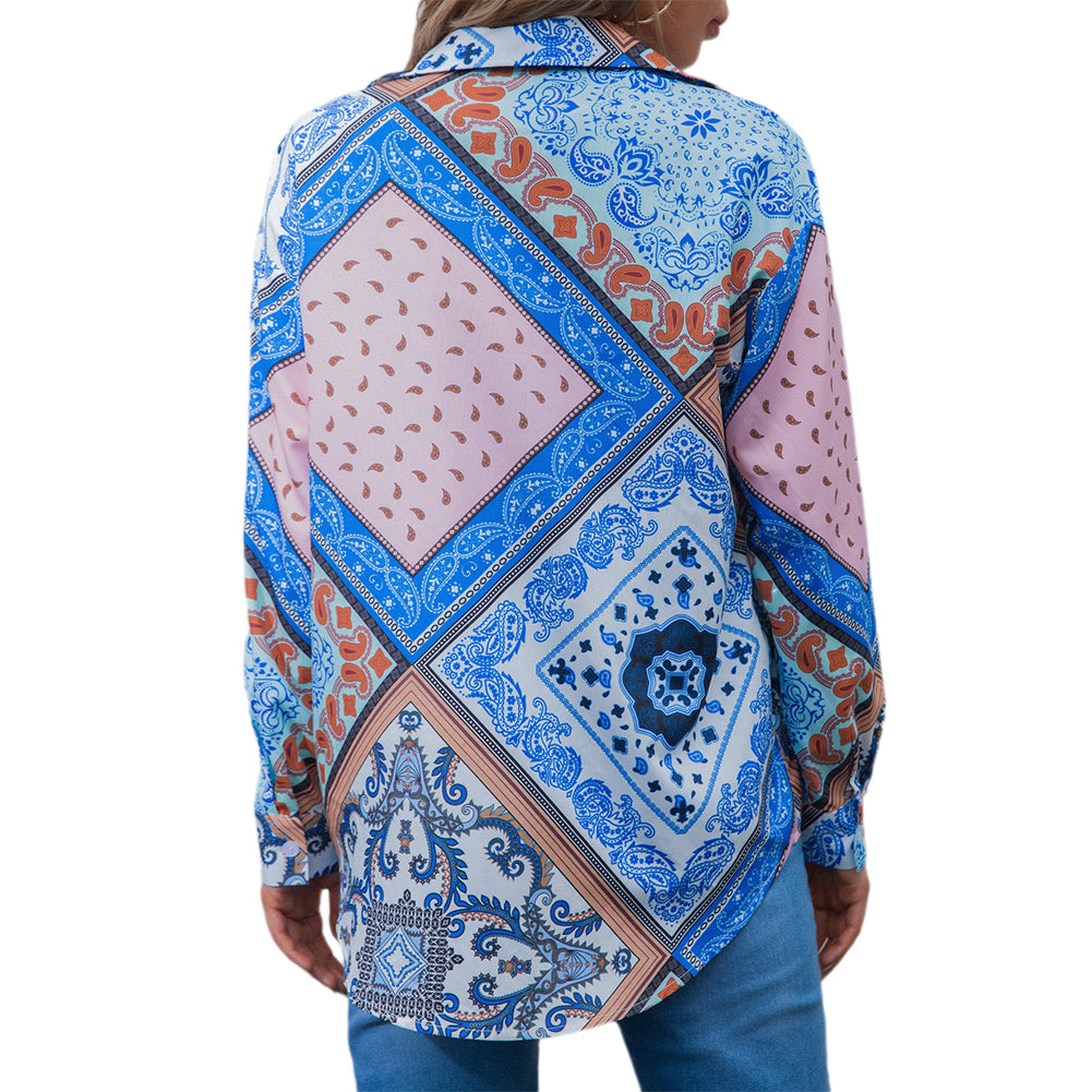 YESFASHION Printed Ladies Shirt Bohemian Style Long Sleeve Shirt