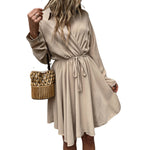 YESFASHION Women Solid Color Lapel Strap Waist Waist Pleated Dress