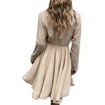 YESFASHION Women Solid Color Lapel Strap Waist Waist Pleated Dress