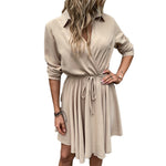 YESFASHION Women Solid Color Lapel Strap Waist Waist Pleated Dress