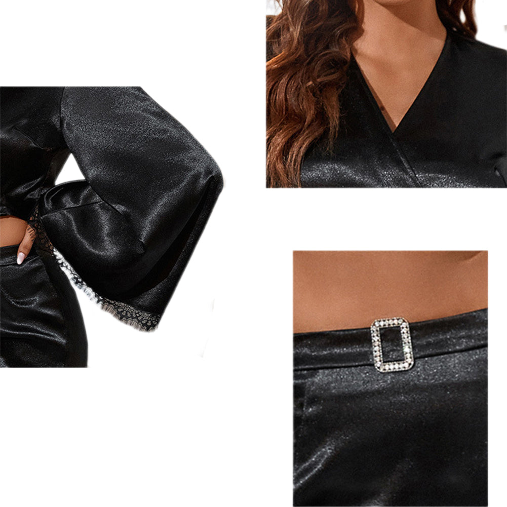 YESFASHION Women Long-sleeved Top Lace Trim Navel Dress