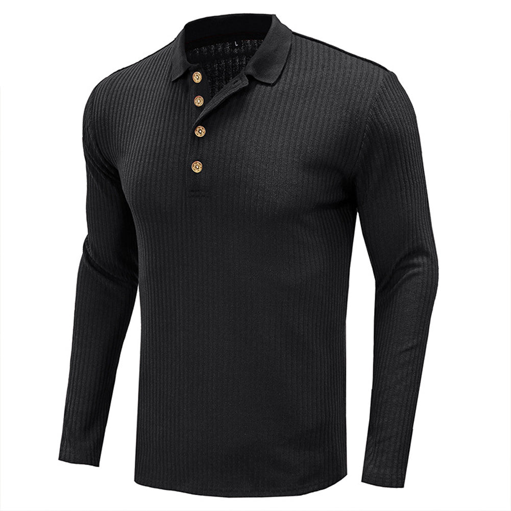 YESFASHION Lapel Long Sleeve Solid Color Polo Shirt