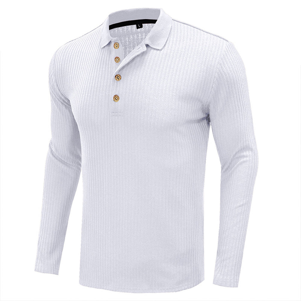 YESFASHION Lapel Long Sleeve Solid Color Polo Shirt