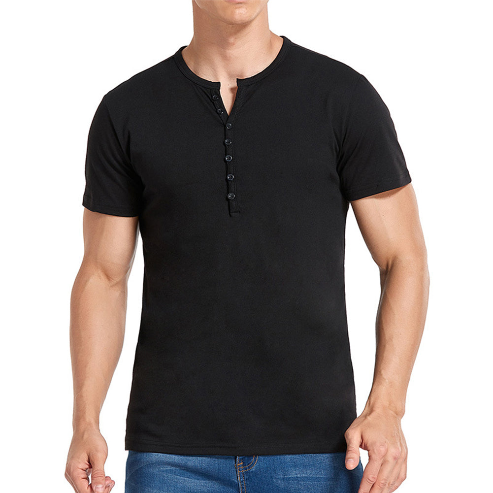 YESFASHION Solid Color Henley Short Sleeve Men T-shirt