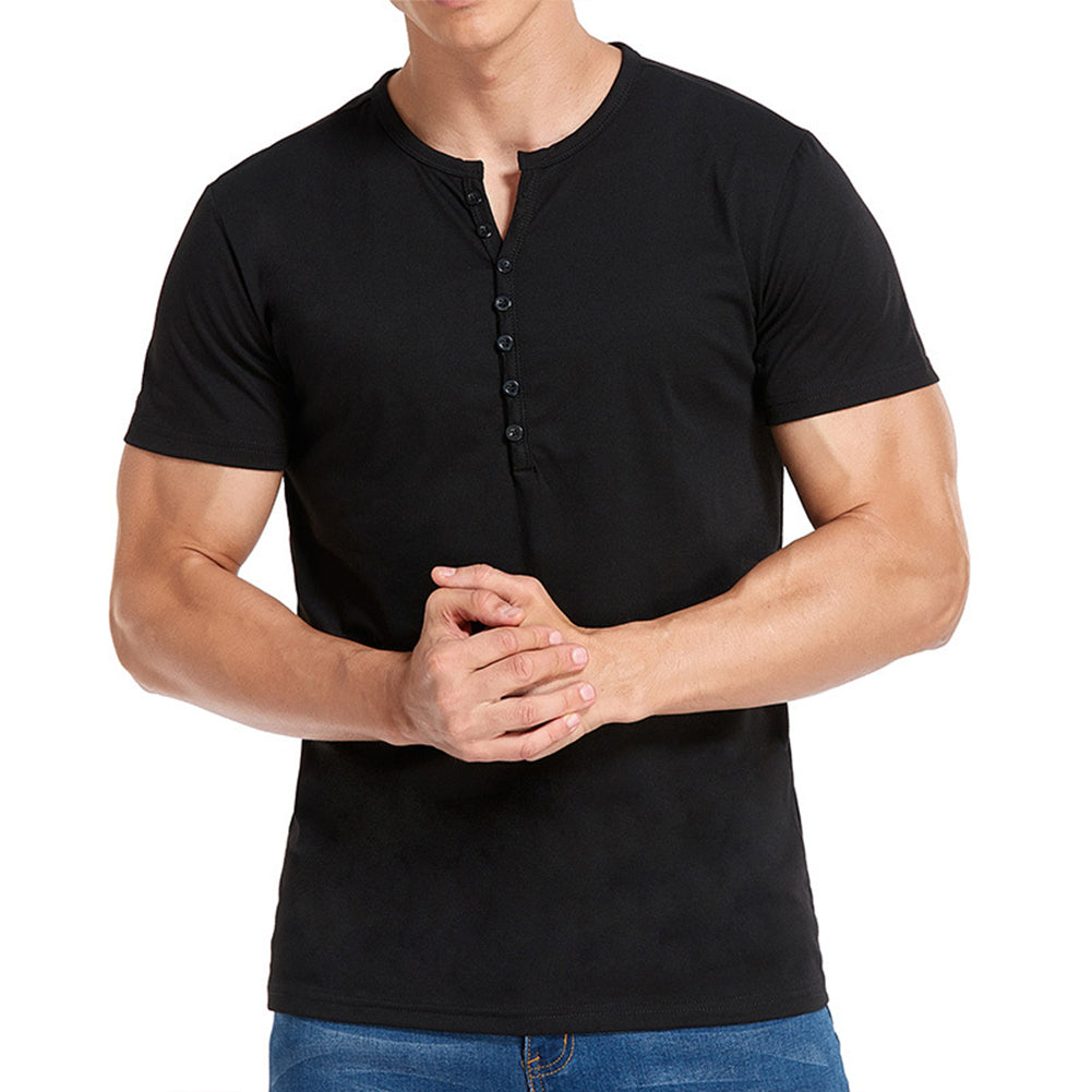 YESFASHION Solid Color Henley Short Sleeve Men T-shirt