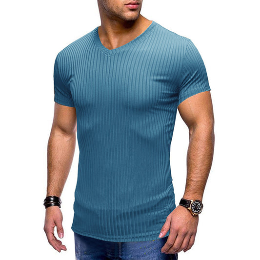 YESFASHION Solid Color Small V-neck Men Short Sleeve Shirt