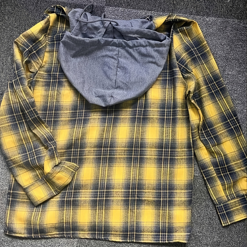 YESFASHION Men Casual Hooded Plaid Shirt