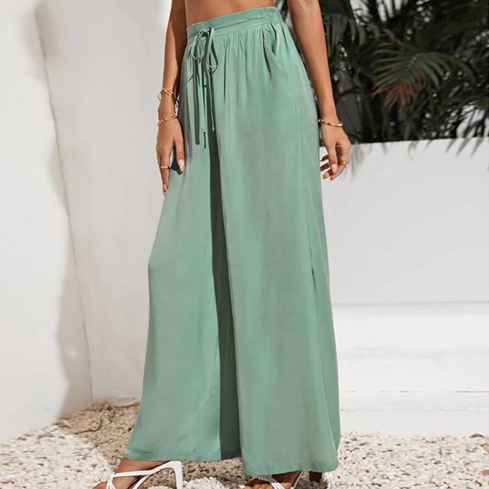 YESFASHION Solid Elastic Waist Loose Wide-leg Pants