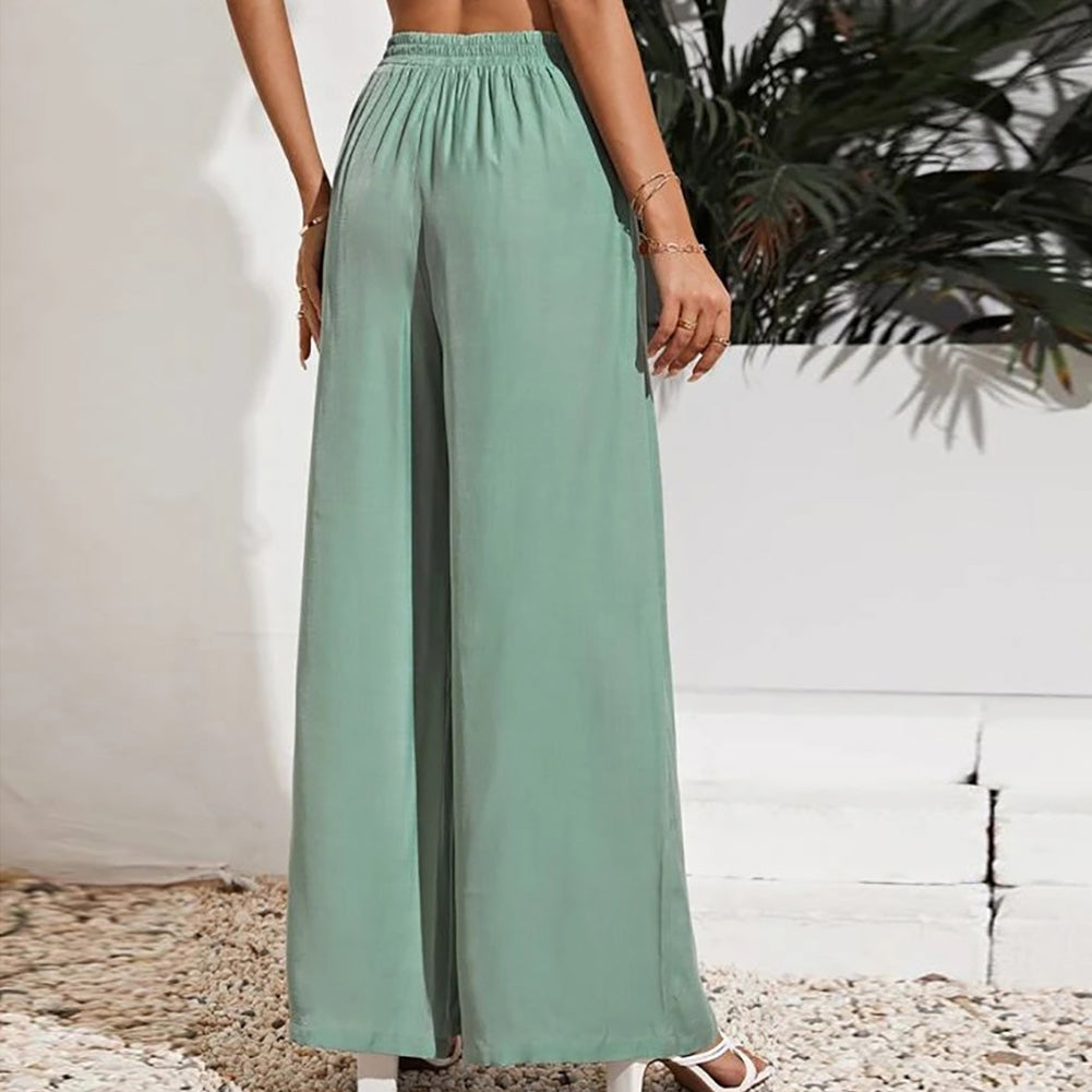 YESFASHION Solid Elastic Waist Loose Wide-leg Pants