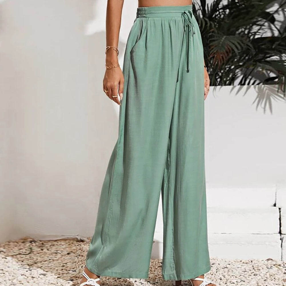 YESFASHION Solid Elastic Waist Loose Wide-leg Pants