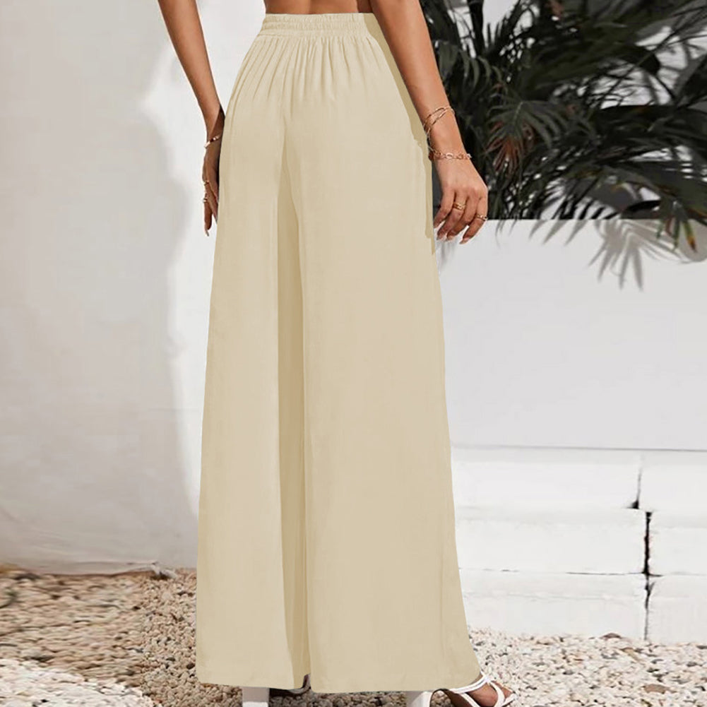 YESFASHION Solid Elastic Waist Loose Wide-leg Pants