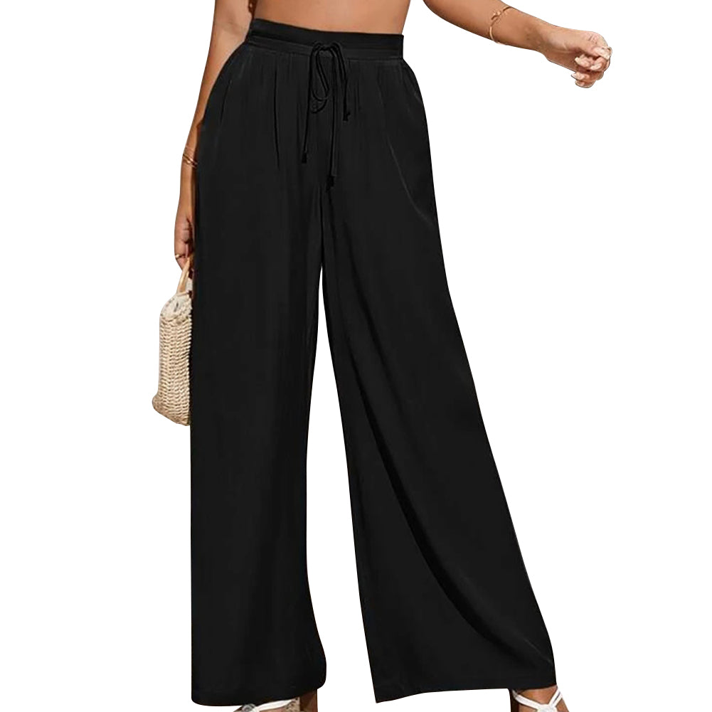 YESFASHION Solid Elastic Waist Loose Wide-leg Pants