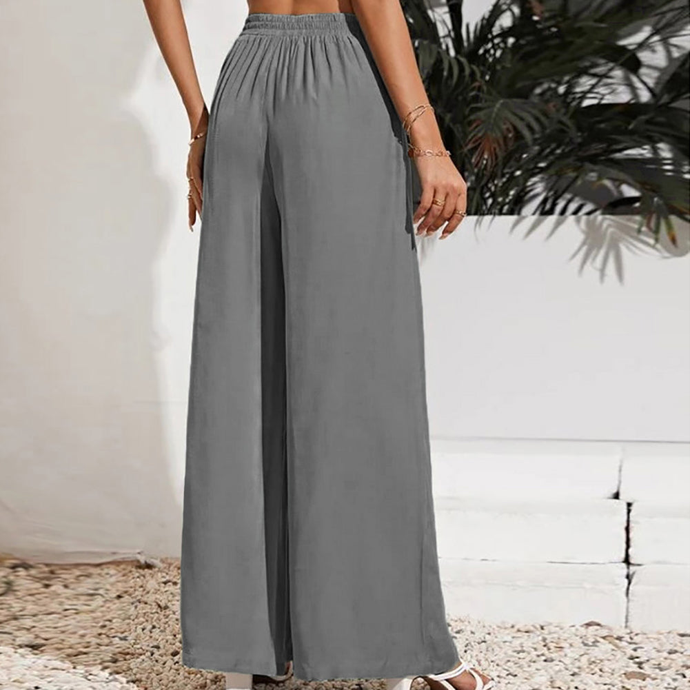 YESFASHION Solid Elastic Waist Loose Wide-leg Pants